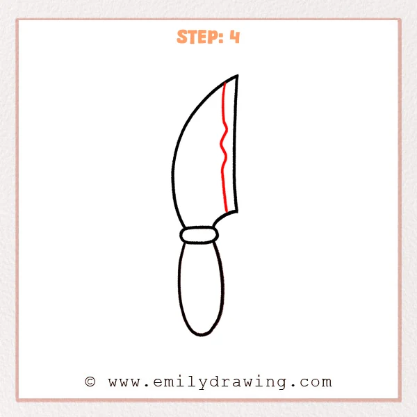 how to draw a cartoon knife - Step 4 of a step-by-step drawing tutorial showing a cartoon knife with a thin inner blade detail line added, including small wavy bumps down the center.